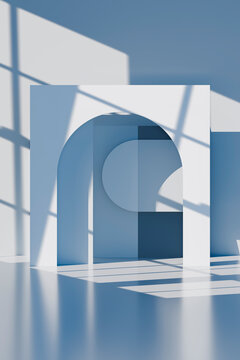 3D abstract arch portal with blue plane and window shadow