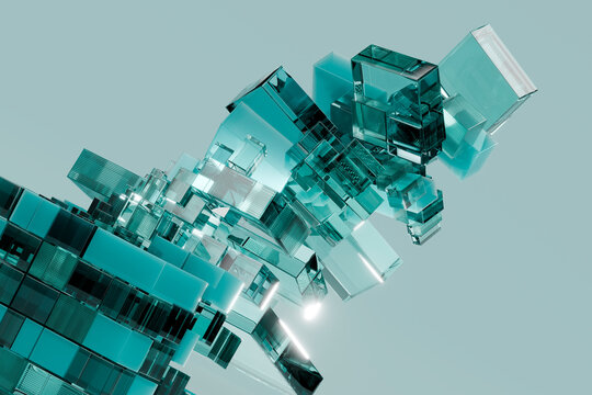 3D glass cube cluster with reflective block and teal depth