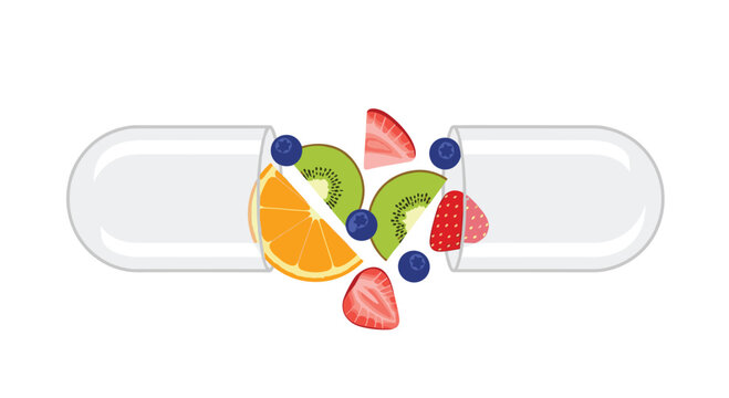 Innovative clear pill capsule split open to release vibrant slices of kiwi, strawberry, blueberry, and orange against a clean white background setting.