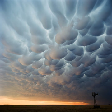 Mammatus Clouds Over Prairie Windmill at Sunset &ndash; Rare Dramatic Storm Sky, Great Plains USA
