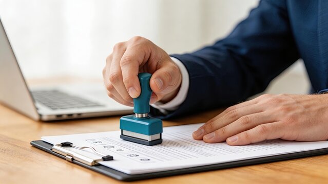 Businessman hand stamping document with blue rubber stamp on clipboard near laptop computer official approval signature contract agreement corporate paperwork legal form notary