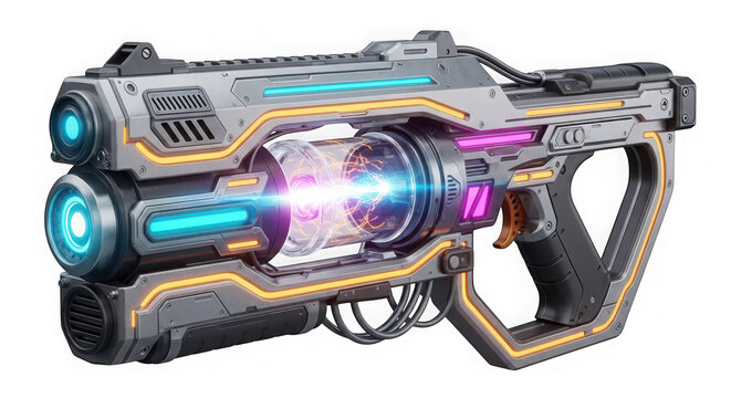 Futuristic sci-fi gun with glowing blue and purple colors isolated on transparent background png file