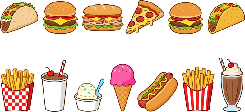 Colorful vector illustration set of fast food icons featuring burgers, tacos, pizza, hot dogs, fries, ice cream and milkshakes isolated on white background.