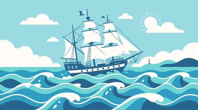 A nautical summer illustration of a sailing ship and luxury yacht cruising on blue ocean waves under a bright sun and sky