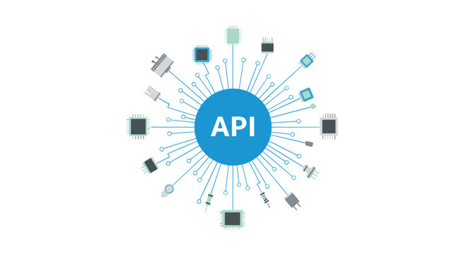 A central blue circle labeled API is the hub for a radiating network of connections to various electronic components like chips and resistors in this diagram.