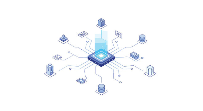 A complex isometric technical diagram illustrates a central glowing CPU connected via blue circuit lines to various data nodes including servers and APIs.