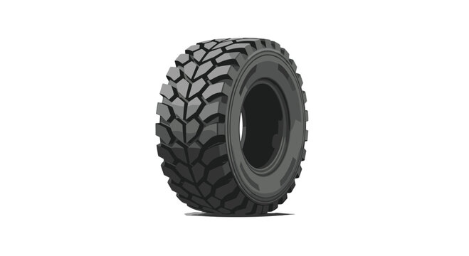 A massive black heavy-duty industrial tire features a deep aggressive tread pattern designed for maximum traction on rough off-road terrain surfaces.
