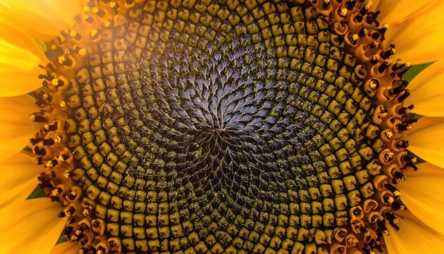 Macro closeup of sunflower seed head with intricate Fibonacci spiral pattern, golden petals, organic texture, botanical backdrop for floral design