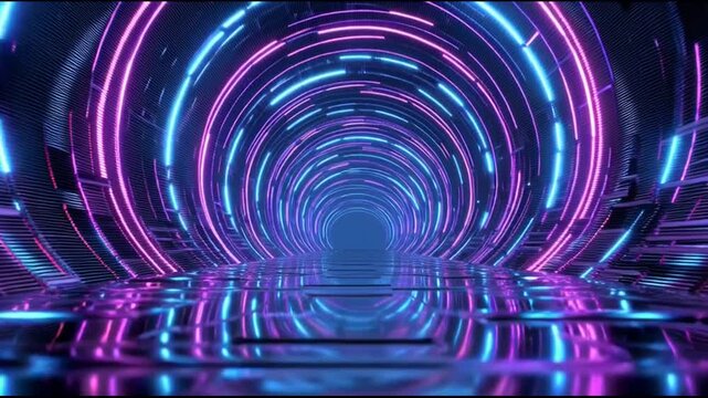 Neon lit tunnel with purple blue lights.