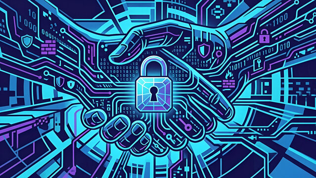 Digital handshake with cyber security symbols, abstract technical concept of data trust and network protection, line art illustration