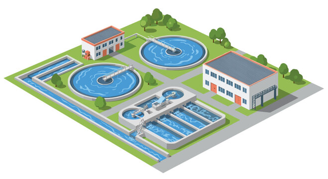 Detailed isometric view of a modern wastewater treatment plant with circular settling tanks, industrial buildings, and lush green trees on the grass.