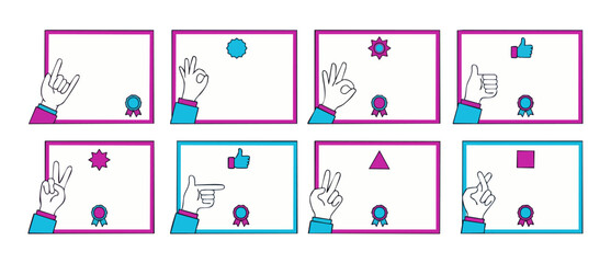 Obraz premium Hand Gestures Certificate Frames Set, Collection of Flat Design Reward Templates with Fingers Indicating Approval Success and Professional Achievement Badges for Awards and Academic Recognition Concep