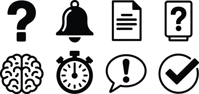 Black and white featuring question mark notification bell document file brain thinking clock time exclamation warning and checkmark approval symbols, simple flat vector style on white 
