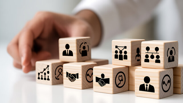 Tariff and international trade concept with wooden blocks showing import, export, shipping, factory, agreement, and tax symbols. Global commerce, customs duty, and economic regulation strategy. 