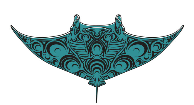 Manta Ray Tribal Tattoo Illustration on White Background