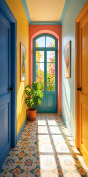 Colorful Mediterranean hallway interior with patterned tiles, tropical plant and sunlight