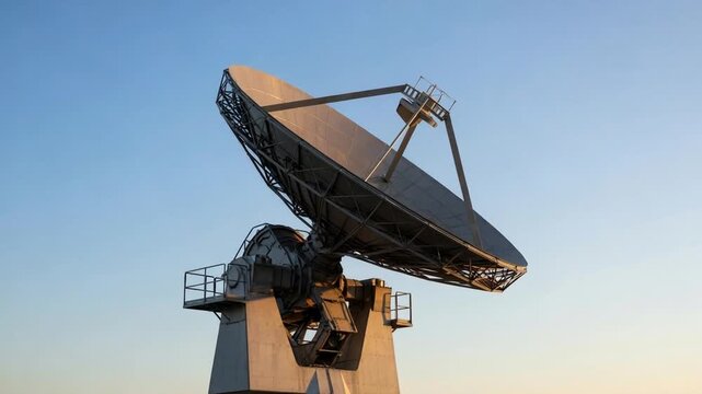 Moving Satellite Dish Adjusting Position Under Blue Sky
