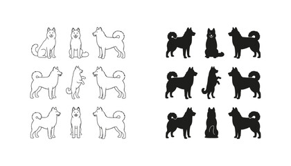 Set of husky dog icons in various poses in outline and solid style for pet shop and animal care branding © Radiant