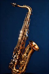 Fototapeta premium Polished golden alto saxophone with engraved floral details displayed against deep solid blue background showcasing beautiful classic brass wind musical instrument