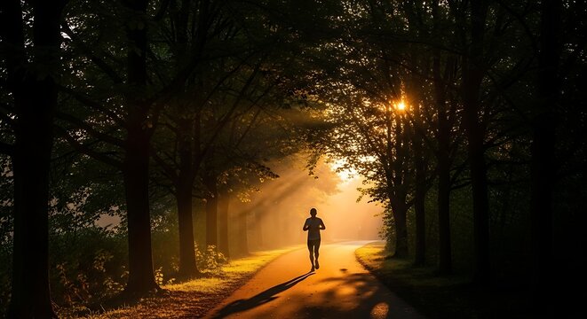 Runner jogging on a path through a forest during a golden sunrise morning