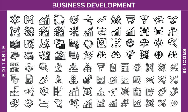 Business Development Icons, 80 editable vector line icons for corporate strategy and growth, essential business development symbols, modern outline graphics for finance and marketing.