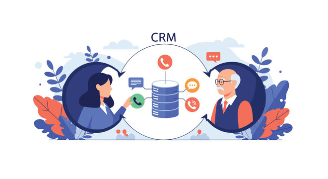 Customer relationship management concept showing a female agent and an elderly customer connected by a central blue digital data server.