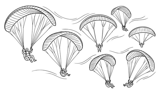 Hand drawn paraglider set outline sketch extreme air sport parachute flight vector illustration
