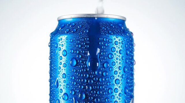 Blue Aluminum Soda Can With Water Pouring Over The Rim And Condensation Droplets In A White Studio Environment