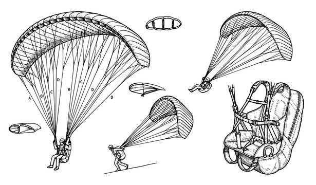 Detailed paraglider parachute structure sketch set technical air sport flight vector illustration