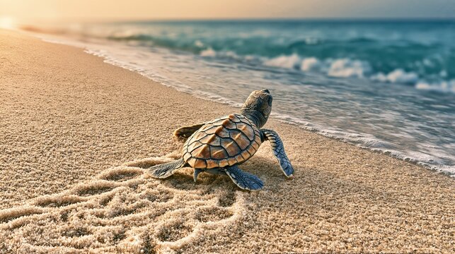 Newborn baby sea turtle crawling across warm sandy beach towards gentle ocean waves at sunrise showing natural wildlife journey to the open sea