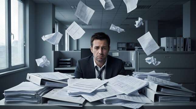 Stressed businessman overwhelmed by paperwork in a messy office