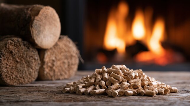 Sustainable Biomass Fuel: Wood Pellets and Briquettes with a Blazing Fireplace Background