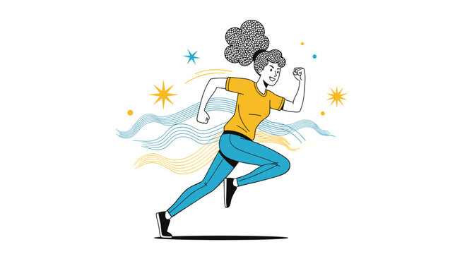 Energetic woman with curly hair running forward with great determination against a background of bright stars and colorful flowing waves.