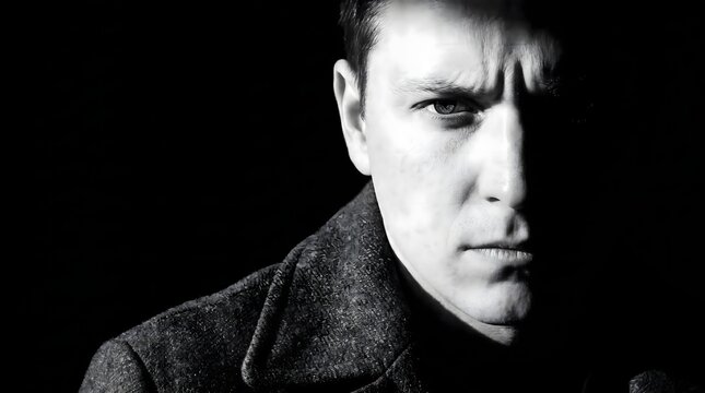 Portrait of a serious man in a dark coat, dramatic lighting