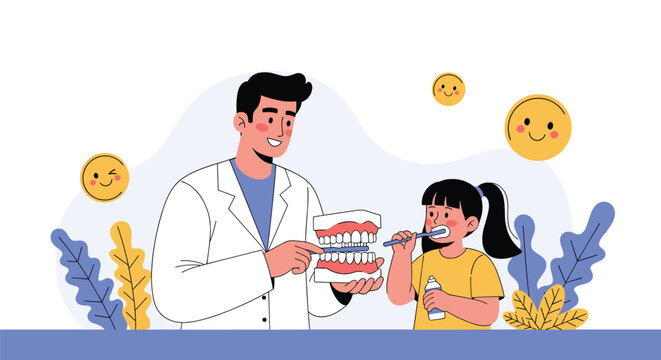 Male dentist in a white coat showing a young girl how to properly brush teeth using a large dental model and a blue toothbrush for care.
