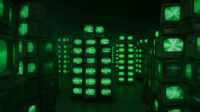 Green Retro Tv Screens Displaying Abstract Digital Data