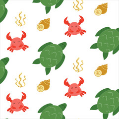 Turtle and crab seamless pattern for kids vector illustration. Minimalist flat design of repeating sea creatures, shells, and seaweed for children's nursery textile, wallpaper, baby clothing and nauti © AlinaCleverfox