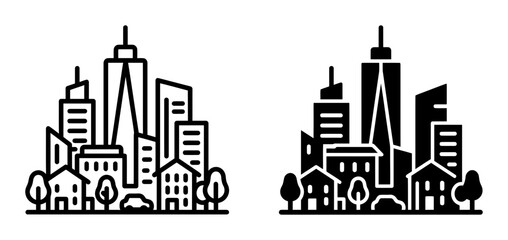 Obraz premium 2 Cityscape silhouette icons skyscrapers houses trees, solid black style, urban architecture set