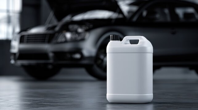 White plastic jerrycan for motor oil or car fluids in an auto repair shop with blurred vehicle background