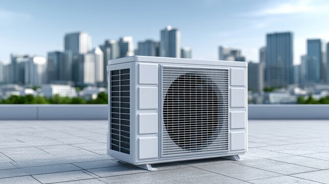 Outdoor air conditioning unit or heat pump on a rooftop terrace with a blurred city skyline background