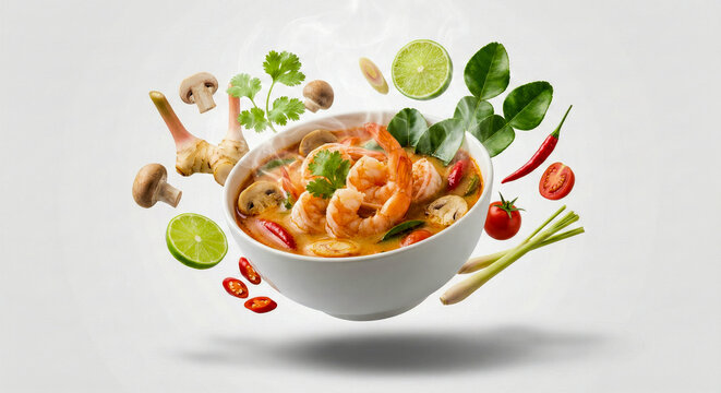 Creative food concept featuring a white bowl of spicy Tom Yum Goong soup with floating shrimp, mushrooms, lime, lemongrass, and chili peppers levitating against a white background
