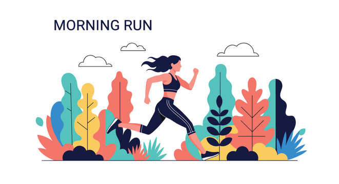 Active young woman in sports apparel enjoys a morning run through a colorful stylized forest with vibrant trees and soft clouds.