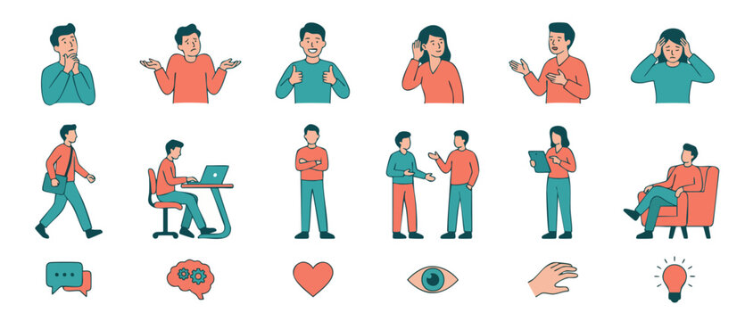 People gestures and communication icons set, diverse characters expressing emotions and working in office flat design collection for business presentation or web design infographics and project manage
