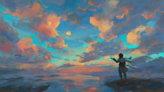 a dreamy fantasy painting of a traveler standing on a glowing cloud peninsula beneath an enormous colorful dawn sky, the image keeps a polished inspirational fantasy quality while changing the subject