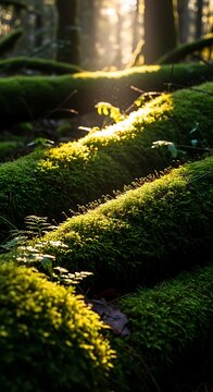Sunlit Green Moss Covering Fallen Logs in Dense Forest
