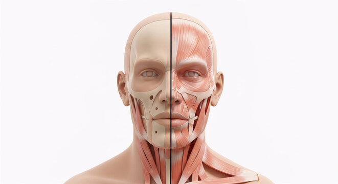 Human face with muscles and skin layers exposed in detailed illustration