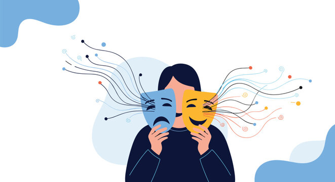 Man holds two theatrical masks representing tragedy and comedy to illustrate the complexity of human emotions and mental health.