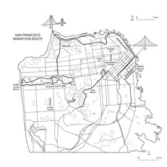 Fototapeta premium San francisco marathon route map vector drawing featuring golden gate park and oracle park.