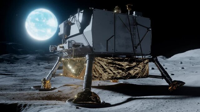Lunar module landing softly on moon surface with glowing blue Earth in background space exploration