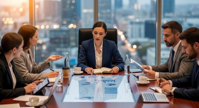 executive team in a meeting discussion with a city view high quality